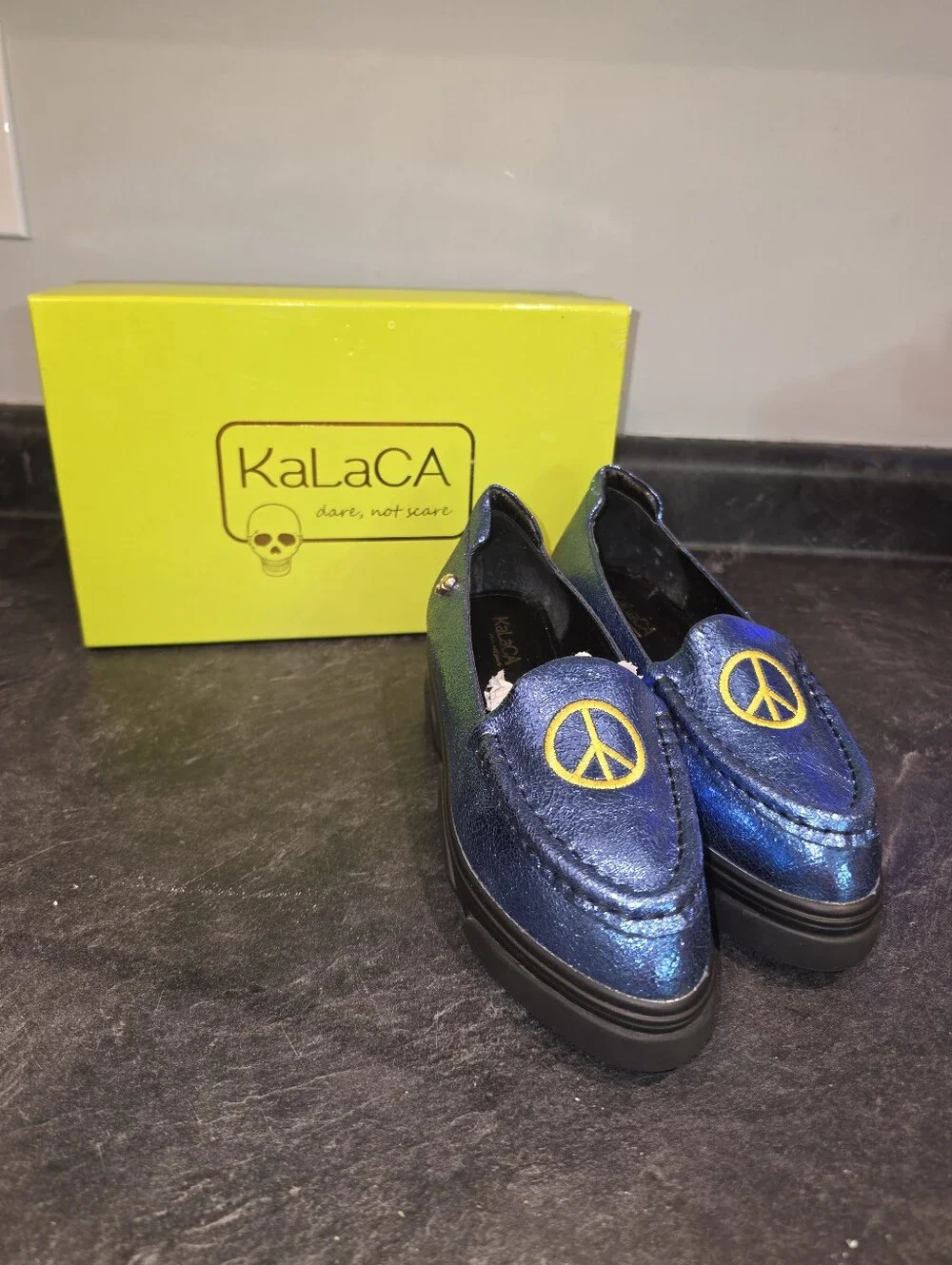 KaLaCA Blue Peace Symbol Platform Loafers Size 7